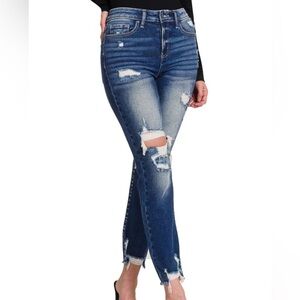 Kancan High Rise Distressed Raw Hem Dark Wash Jeans